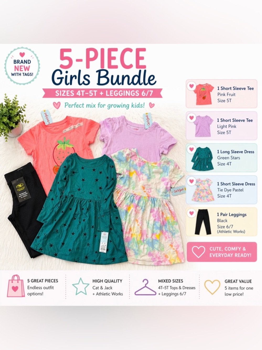 Girls Clothing Bundle 5 Pc Lot 4T 5T 6/7 Leggings Cat & Jack Dresses Tops NWT